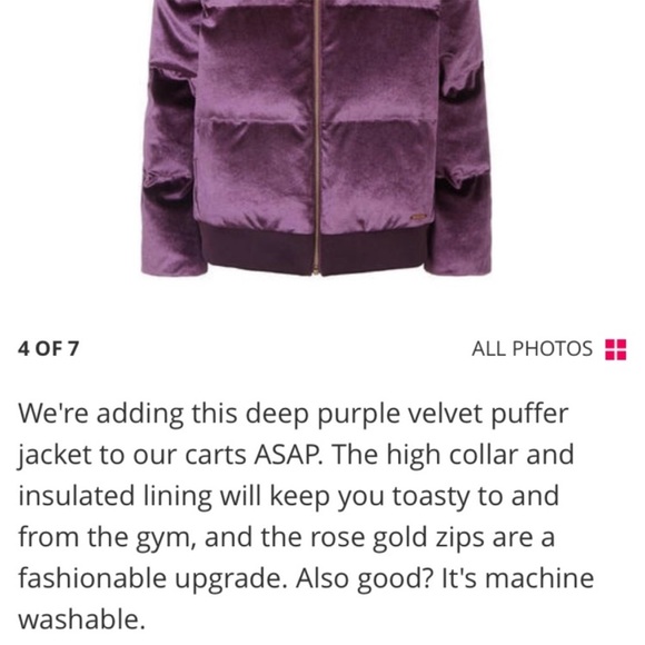 Perfect Like New Sweaty Betty Velvet Puffer Coat Amethyst Purple Rose Gold - Picture 12 of 12